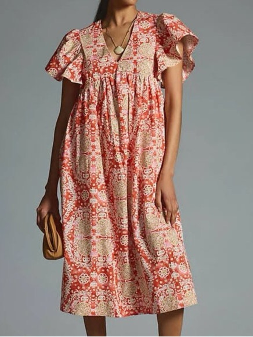 Anthropologie Coral and Cream Floral Midi Dress